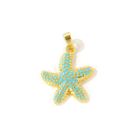 Picture of 2 PCs Eco-friendly Brass Ocean Jewelry Charm Pendant Wholesale 18K Real Gold Plated Green Starfish Enamel 25mm x 18mm