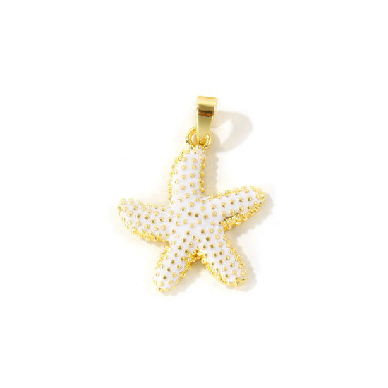 Picture of 2 PCs Eco-friendly Brass Ocean Jewelry Charm Pendant Wholesale 18K Real Gold Plated Creamy-White Starfish Enamel 25mm x 18mm