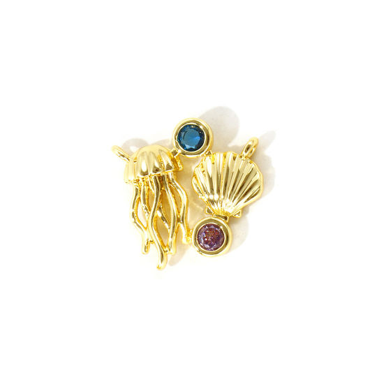 Picture of 2 PCs Eco-friendly Brass Ocean Jewelry Connectors Charms Pendants Wholesale 18K Real Gold Plated Shell Jellyfish 15mm x 15mm