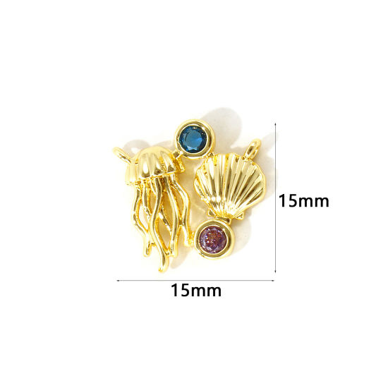Picture of 2 PCs Eco-friendly Brass Ocean Jewelry Connectors Charms Pendants Wholesale 18K Real Gold Plated Shell Jellyfish 15mm x 15mm