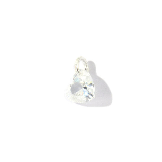 Picture of 5 PCs Brass Valentine's Day Charms Wholesale Silver Plated Heart Mini Clear Cubic Zirconia 8mm x 6mm