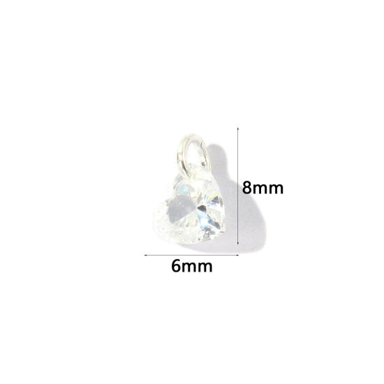 Picture of 5 PCs Brass Valentine's Day Charms Wholesale Silver Plated Heart Mini Clear Cubic Zirconia 8mm x 6mm