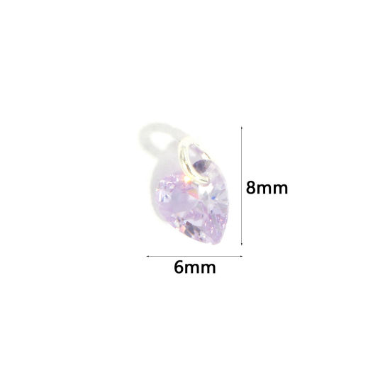 Picture of 5 PCs Brass Valentine's Day Charms Wholesale Silver Plated Heart Mini Mauve Cubic Zirconia 8mm x 6mm