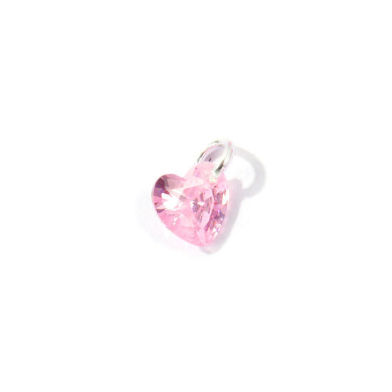 Picture of 5 PCs Brass Valentine's Day Charms Wholesale Silver Plated Heart Mini Pink Cubic Zirconia 8mm x 6mm