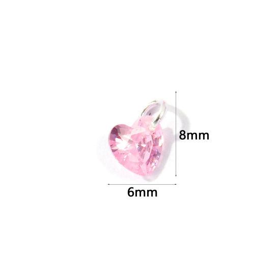 Picture of 5 PCs Brass Valentine's Day Charms Wholesale Silver Plated Heart Mini Pink Cubic Zirconia 8mm x 6mm