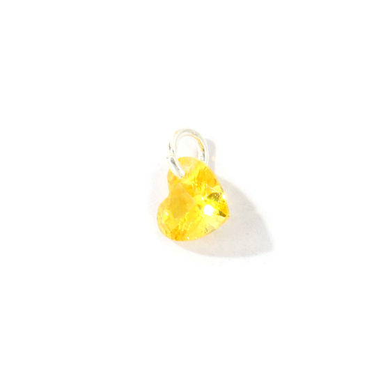 Picture of 5 PCs Brass Valentine's Day Charms Wholesale Silver Plated Heart Mini Yellow Cubic Zirconia 8mm x 6mm