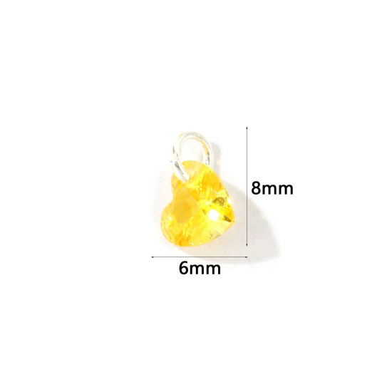 Picture of 5 PCs Brass Valentine's Day Charms Wholesale Silver Plated Heart Mini Yellow Cubic Zirconia 8mm x 6mm