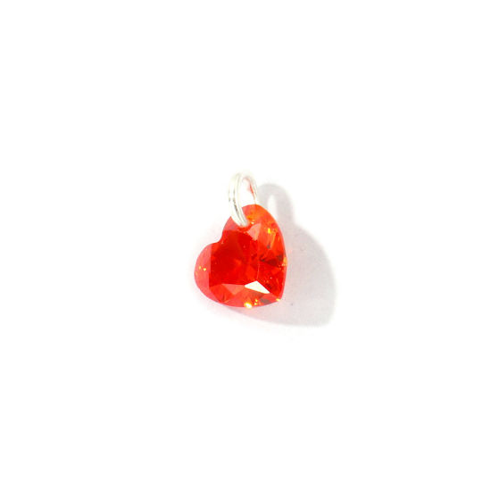 Picture of 5 PCs Brass Valentine's Day Charms Wholesale Silver Plated Heart Mini Orange-red Cubic Zirconia 8mm x 6mm