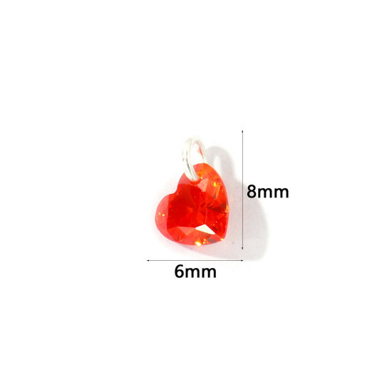 Picture of 5 PCs Brass Valentine's Day Charms Wholesale Silver Plated Heart Mini Orange-red Cubic Zirconia 8mm x 6mm