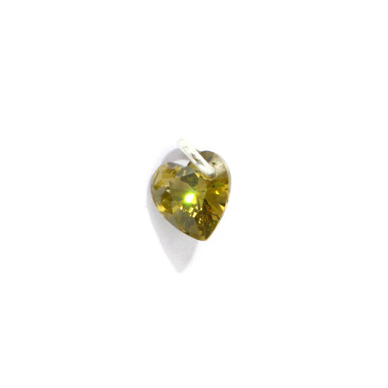 Picture of 5 PCs Brass Valentine's Day Charms Wholesale Silver Plated Heart Mini Olive Green Cubic Zirconia 8mm x 6mm