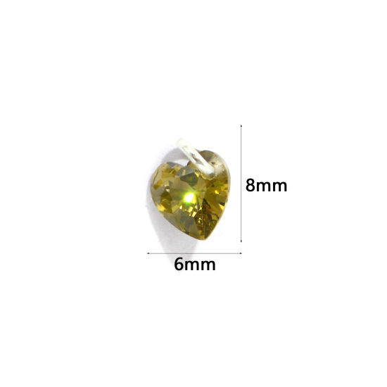 Picture of 5 PCs Brass Valentine's Day Charms Wholesale Silver Plated Heart Mini Olive Green Cubic Zirconia 8mm x 6mm