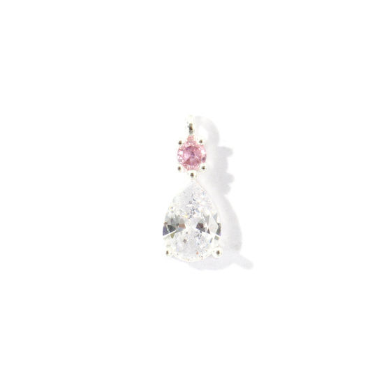Picture of 2 PCs Brass Charms Wholesale Silver Plated Drop Mini Clear Cubic Zirconia 13mm x 5mm