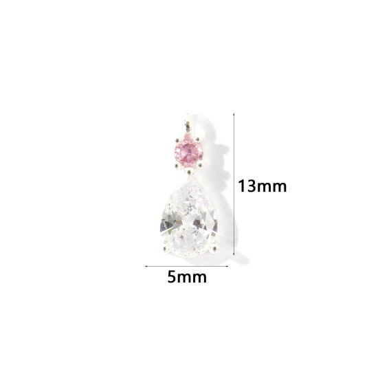 Picture of 2 PCs Brass Charms Wholesale Silver Plated Drop Mini Clear Cubic Zirconia 13mm x 5mm