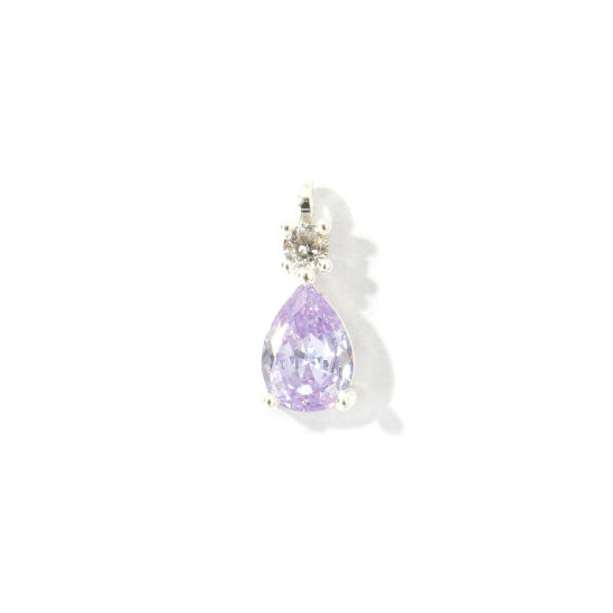 Picture of 2 PCs Brass Charms Wholesale Silver Plated Drop Mini Purple Cubic Zirconia 13mm x 5mm