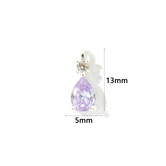 Picture of 2 PCs Brass Charms Wholesale Silver Plated Drop Mini Purple Cubic Zirconia 13mm x 5mm