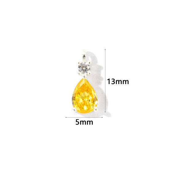 Picture of 2 PCs Brass Charms Wholesale Silver Plated Drop Mini Yellow Cubic Zirconia 13mm x 5mm