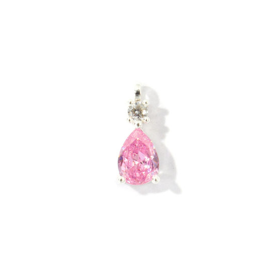 Picture of 2 PCs Brass Charms Wholesale Silver Plated Drop Mini Pink Cubic Zirconia 13mm x 5mm