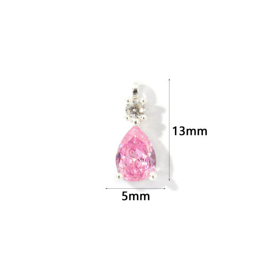 Picture of 2 PCs Brass Charms Wholesale Silver Plated Drop Mini Pink Cubic Zirconia 13mm x 5mm