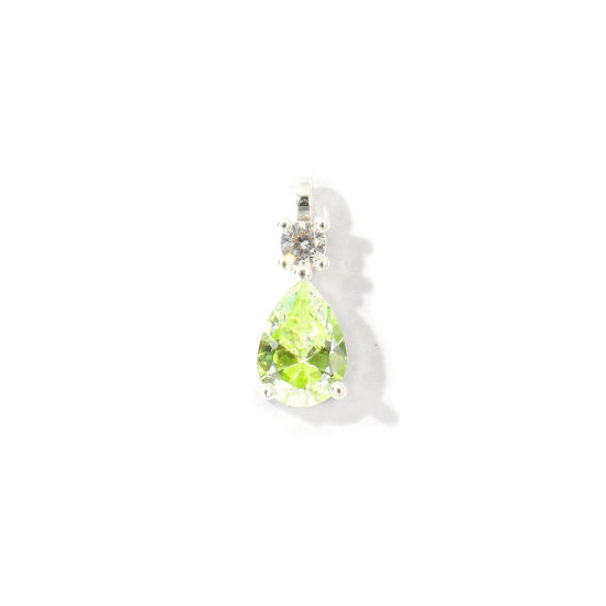 Picture of 2 PCs Brass Charms Wholesale Silver Plated Drop Mini Green Cubic Zirconia 13mm x 5mm