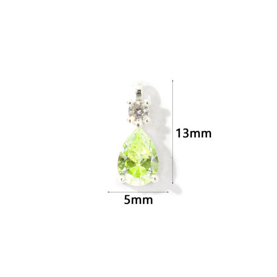 Picture of 2 PCs Brass Charms Wholesale Silver Plated Drop Mini Green Cubic Zirconia 13mm x 5mm