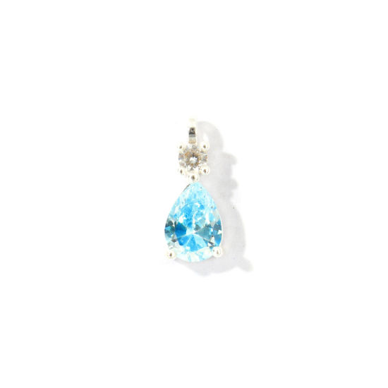 Picture of 2 PCs Brass Charms Wholesale Silver Plated Drop Mini Blue Cubic Zirconia 13mm x 5mm