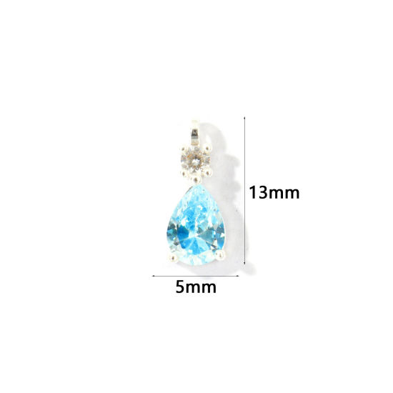 Picture of 2 PCs Brass Charms Wholesale Silver Plated Drop Mini Blue Cubic Zirconia 13mm x 5mm
