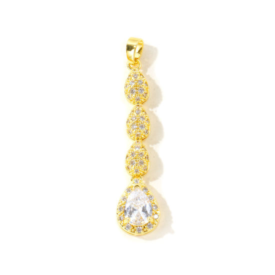 Picture of 2 PCs Eco-friendly Brass Micro Pave Pendants Wholesale 18K Real Gold Plated Tassel Drop Clear Cubic Zirconia