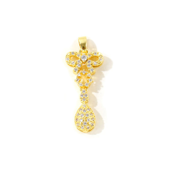 Picture of 2 PCs Eco-friendly Brass Micro Pave Pendants Wholesale 18K Real Gold Plated Tassel Bowknot Clear Cubic Zirconia
