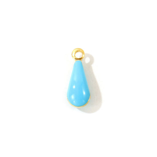 Picture of 10 PCs Eco-friendly Brass Enamelled Sequins Charms Wholesale 18K Real Gold Plated Lake Blue Double-sided Enamel Drop Mini 11mm x 4mm
