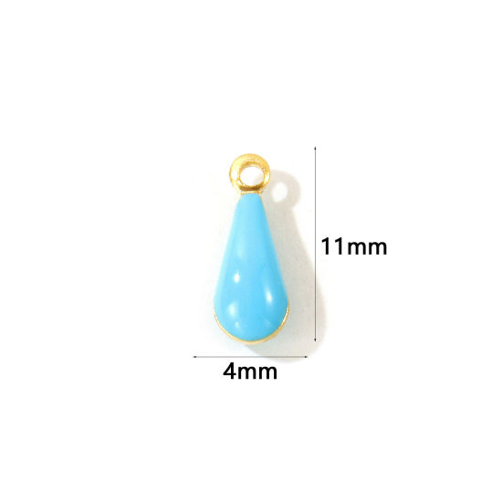 Picture of 10 PCs Eco-friendly Brass Enamelled Sequins Charms Wholesale 18K Real Gold Plated Lake Blue Double-sided Enamel Drop Mini 11mm x 4mm