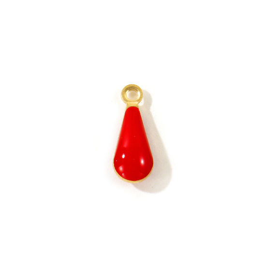 Picture of 10 PCs Eco-friendly Brass Enamelled Sequins Charms Wholesale 18K Real Gold Plated Red Double-sided Enamel Drop Mini 11mm x 4mm