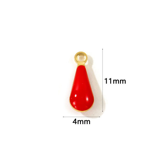 Picture of 10 PCs Eco-friendly Brass Enamelled Sequins Charms Wholesale 18K Real Gold Plated Red Double-sided Enamel Drop Mini 11mm x 4mm