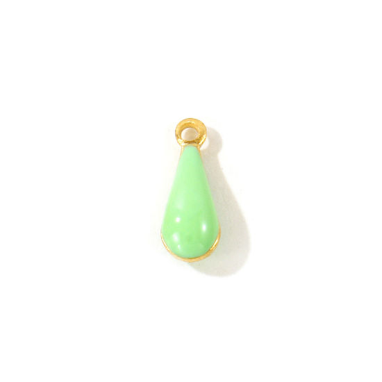 Picture of 10 PCs Eco-friendly Brass Enamelled Sequins Charms Wholesale 18K Real Gold Plated Light Green Double-sided Enamel Drop Mini 11mm x 4mm