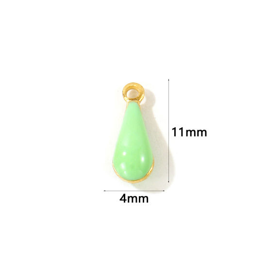 Picture of 10 PCs Eco-friendly Brass Enamelled Sequins Charms Wholesale 18K Real Gold Plated Light Green Double-sided Enamel Drop Mini 11mm x 4mm