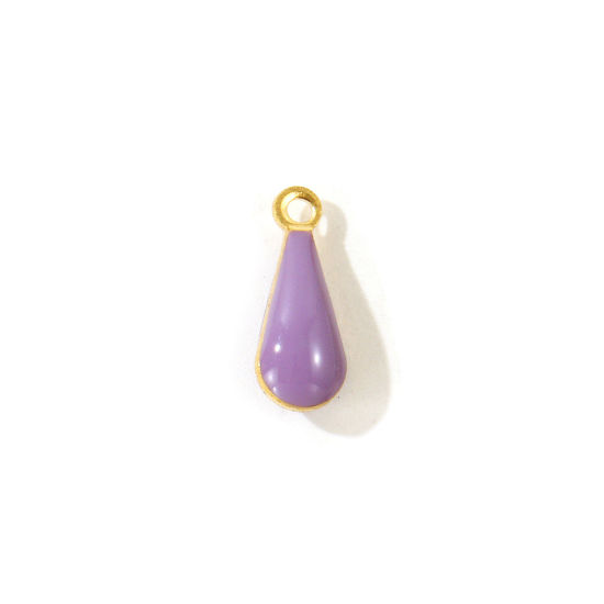 Picture of 10 PCs Eco-friendly Brass Enamelled Sequins Charms Wholesale 18K Real Gold Plated Purple Double-sided Enamel Drop Mini 11mm x 4mm
