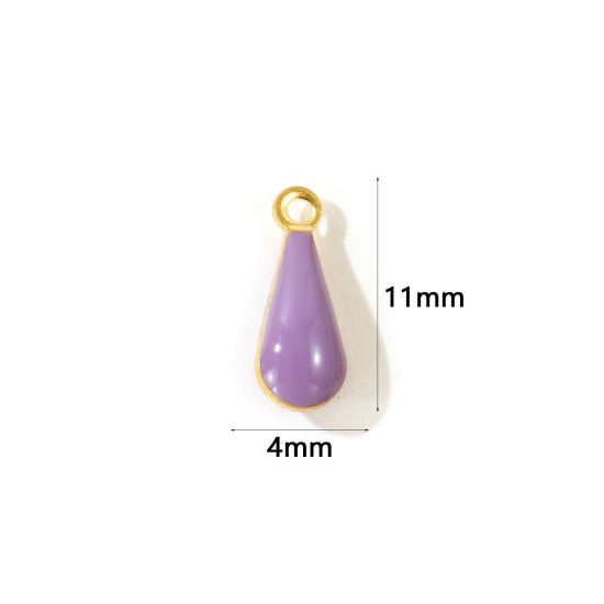 Picture of 10 PCs Eco-friendly Brass Enamelled Sequins Charms Wholesale 18K Real Gold Plated Purple Double-sided Enamel Drop Mini 11mm x 4mm