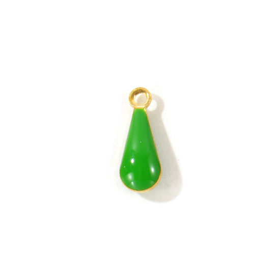 Picture of 10 PCs Eco-friendly Brass Enamelled Sequins Charms Wholesale 18K Real Gold Plated Green Double-sided Enamel Drop Mini 11mm x 4mm