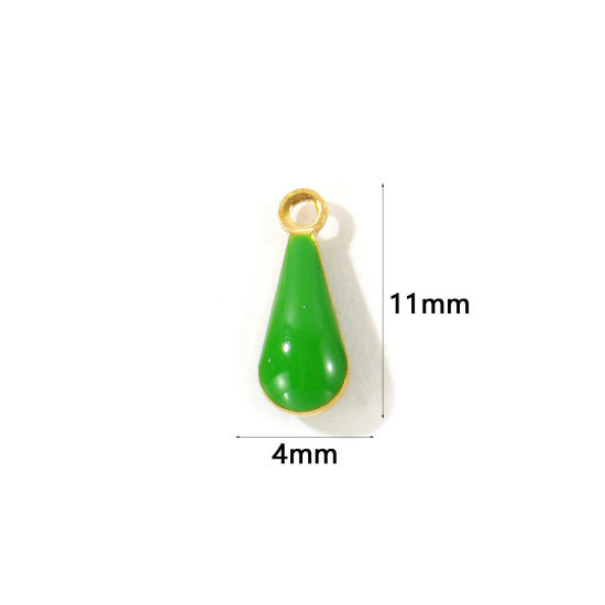 Picture of 10 PCs Eco-friendly Brass Enamelled Sequins Charms Wholesale 18K Real Gold Plated Green Double-sided Enamel Drop Mini 11mm x 4mm