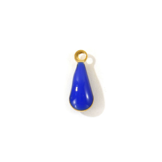 Picture of 10 PCs Eco-friendly Brass Enamelled Sequins Charms Wholesale 18K Real Gold Plated Royal Blue Double-sided Enamel Drop Mini 11mm x 4mm