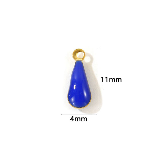 Picture of 10 PCs Eco-friendly Brass Enamelled Sequins Charms Wholesale 18K Real Gold Plated Royal Blue Double-sided Enamel Drop Mini 11mm x 4mm