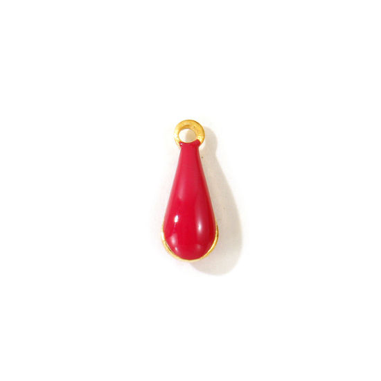 Picture of 10 PCs Eco-friendly Brass Enamelled Sequins Charms Wholesale 18K Real Gold Plated Fuchsia Double-sided Enamel Drop Mini 11mm x 4mm