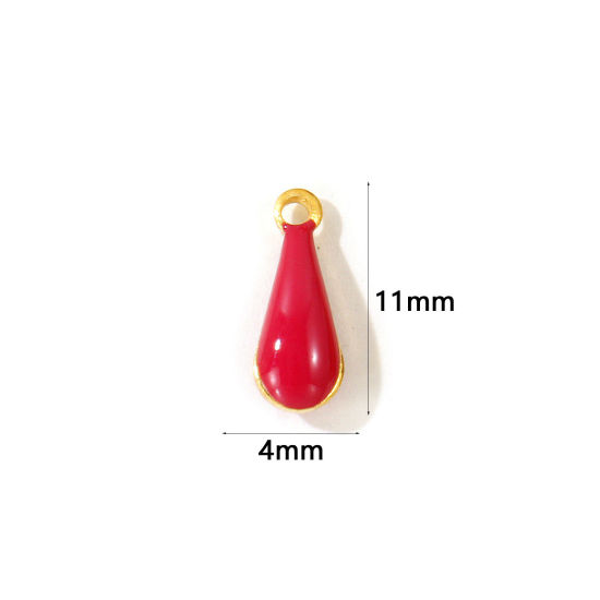 Picture of 10 PCs Eco-friendly Brass Enamelled Sequins Charms Wholesale 18K Real Gold Plated Fuchsia Double-sided Enamel Drop Mini 11mm x 4mm