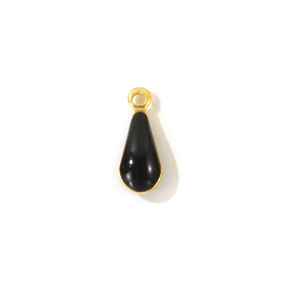 Picture of 10 PCs Eco-friendly Brass Enamelled Sequins Charms Wholesale 18K Real Gold Plated Black Double-sided Enamel Drop Mini 11mm x 4mm