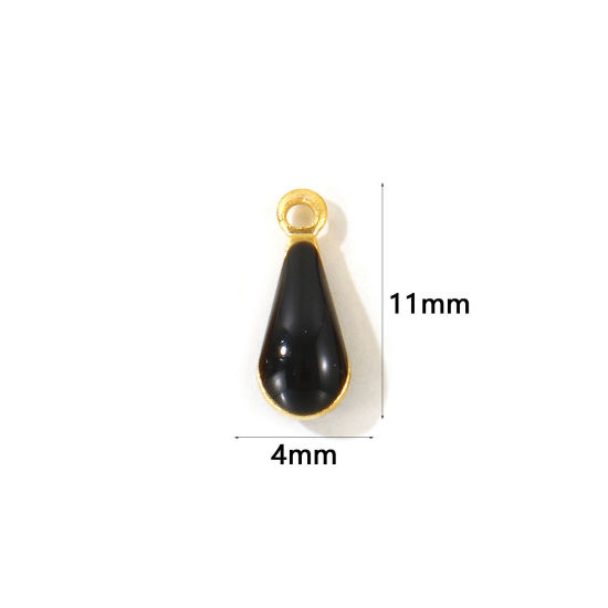 Picture of 10 PCs Eco-friendly Brass Enamelled Sequins Charms Wholesale 18K Real Gold Plated Black Double-sided Enamel Drop Mini 11mm x 4mm
