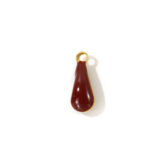 Picture of 10 PCs Eco-friendly Brass Enamelled Sequins Charms Wholesale 18K Real Gold Plated Coffee Double-sided Enamel Drop Mini 11mm x 4mm