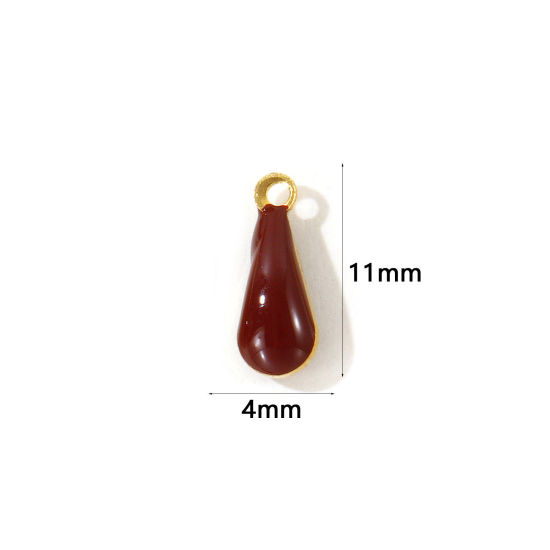 Picture of 10 PCs Eco-friendly Brass Enamelled Sequins Charms Wholesale 18K Real Gold Plated Coffee Double-sided Enamel Drop Mini 11mm x 4mm
