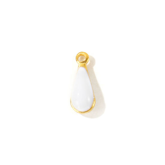 Picture of 10 PCs Eco-friendly Brass Enamelled Sequins Charms Wholesale 18K Real Gold Plated White Double-sided Enamel Drop Mini 11mm x 4mm
