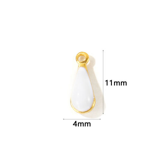 Picture of 10 PCs Eco-friendly Brass Enamelled Sequins Charms Wholesale 18K Real Gold Plated White Double-sided Enamel Drop Mini 11mm x 4mm