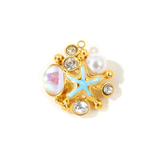 Picture of 1 Piece Eco-friendly PVD Waterproof Anti-Tarnish Hypoallergenic 304 Stainless Steel Ocean Jewelry Charms Wholesale 18K Real Gold Plated Light Blue Enamel Starfish Acrylic Imitation Pearl Clear Rhinestone 26.5mm x 25mm