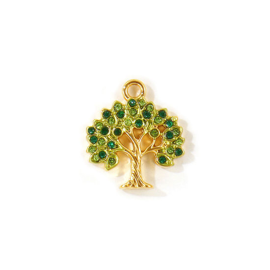 Picture of 2 PCs Eco-friendly PVD Waterproof Anti-Tarnish Hypoallergenic 304 Stainless Steel Charms Wholesale 18K Real Gold Plated Tree Of Life Painted Deep Green Rhinestone 18mm x 16mm